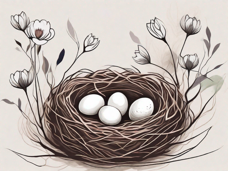 A serene environment with symbolic elements like a nest with eggs