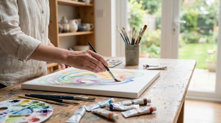 Lady slowly painting surrounded by art materials