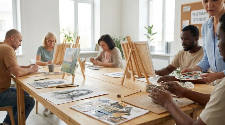 Group of people painting together with easels
