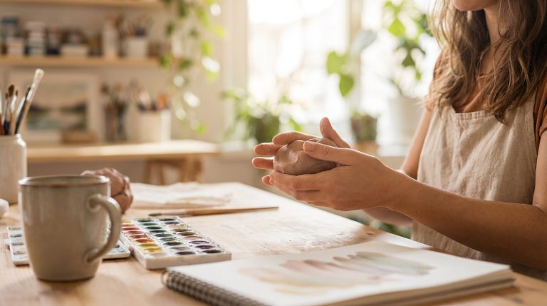 A woman sitting at her art desk painting