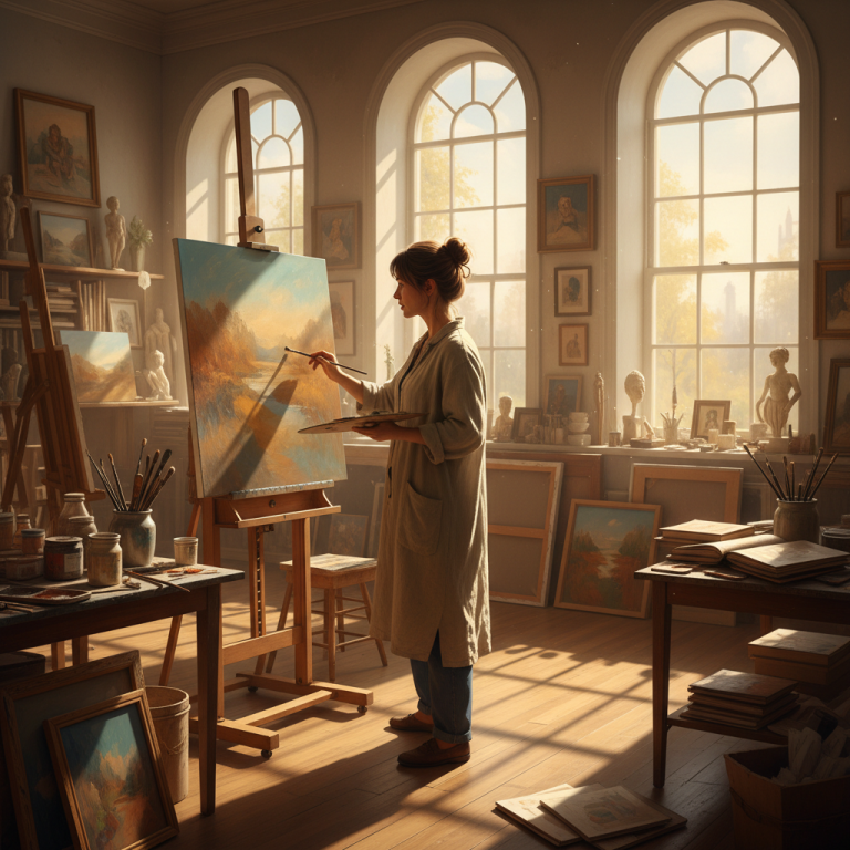Woman standing and painting in sunlit gallery