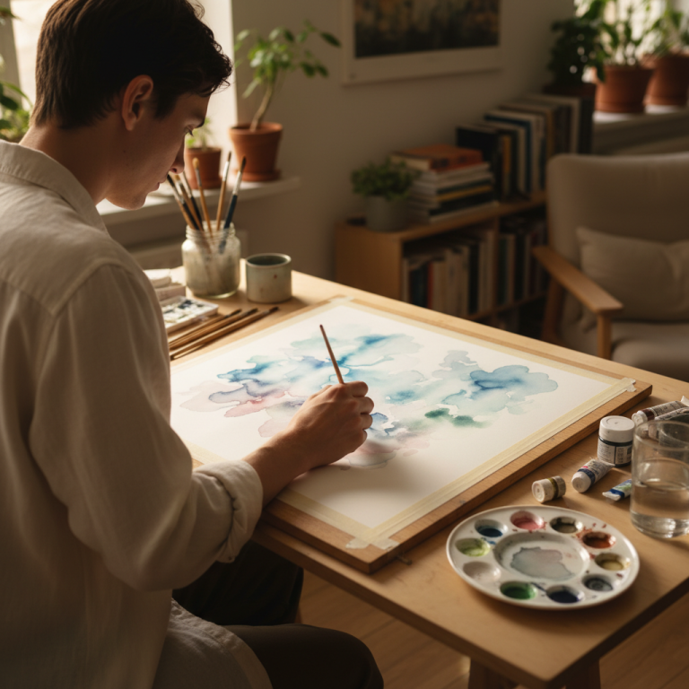 Woman sitting at art desk painting