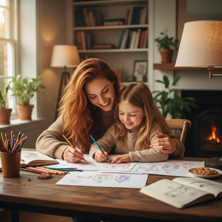 A woman sitting with a child who resembles her, both happily drawing together on paper at a table, warm and nurturing atmosphere, soft lighting, realistic style.