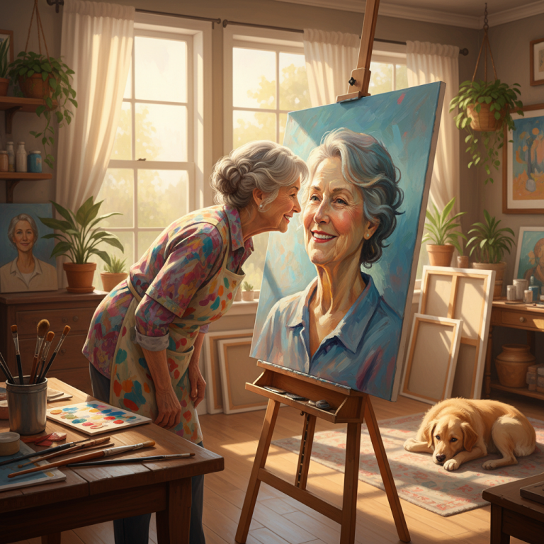 an older woman leaning over a self-portrait in a bright and cheerful art studio