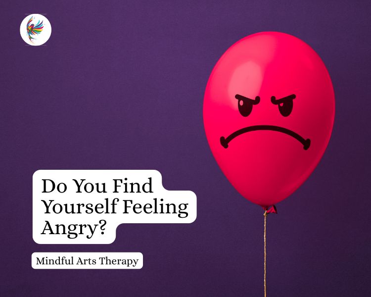 A pink balloon with an angry face on a purple background. Text reads: Do You Find Yourself Feeling Angry?